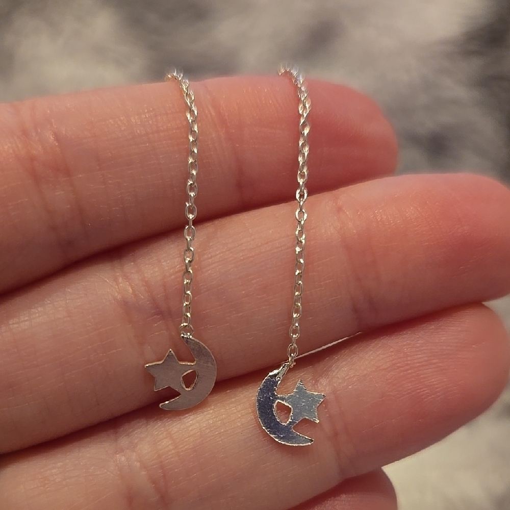Sterling Silver Moon and Star Dangle Thread Earrings
